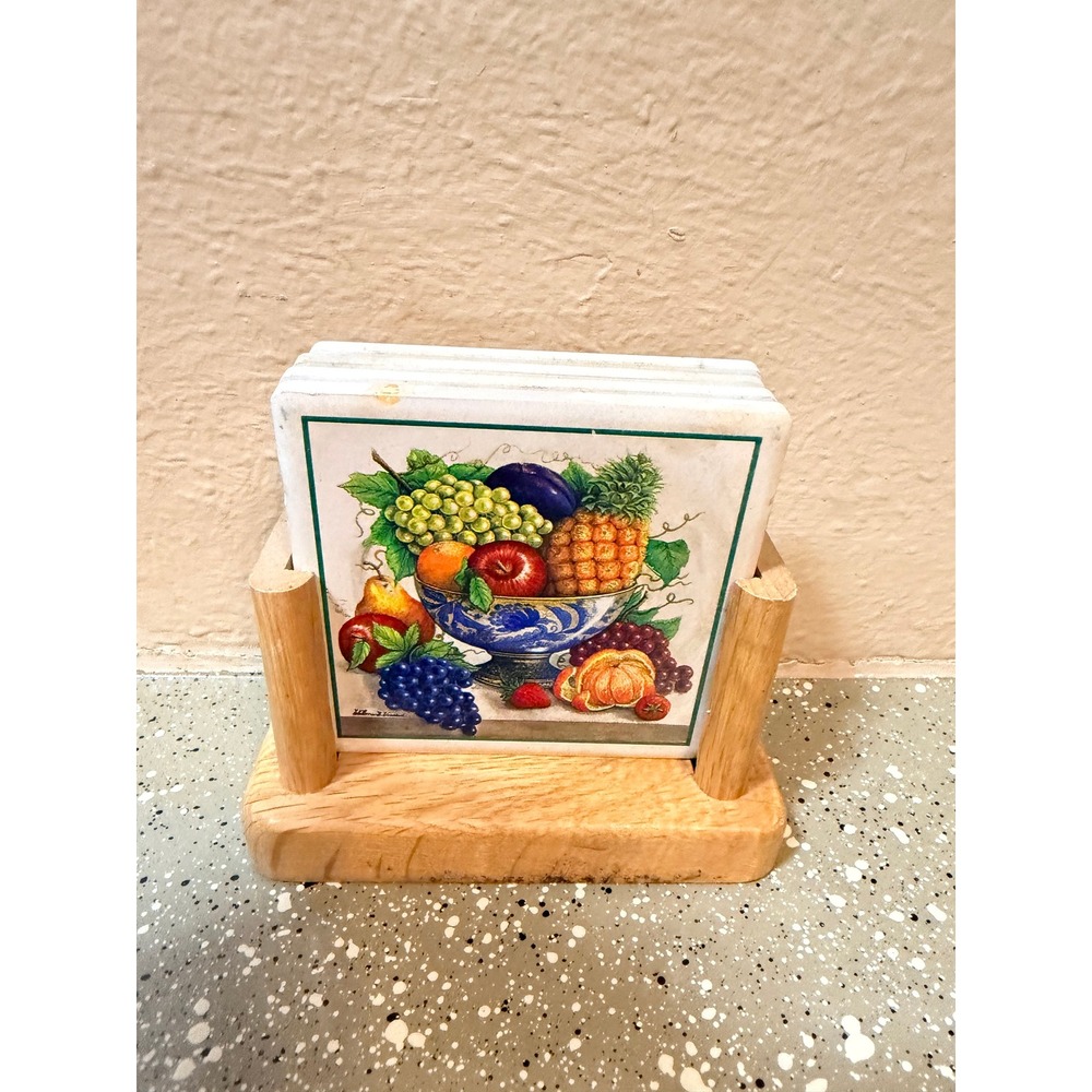 Wilma B Vincent Fruit Bowl Tile Coasters Set 4 Ceramic Kitchen Decor Wood Holder